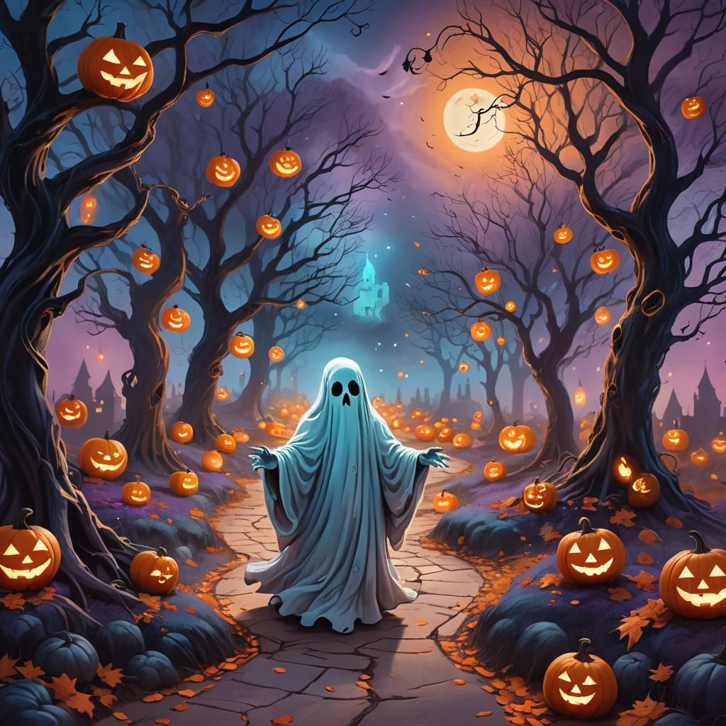 Whimsical Ghost on Halloween Pathway