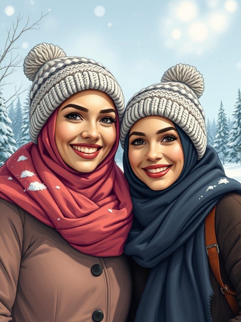 Winter Friends in a Beautiful Comic Book Style Landscape