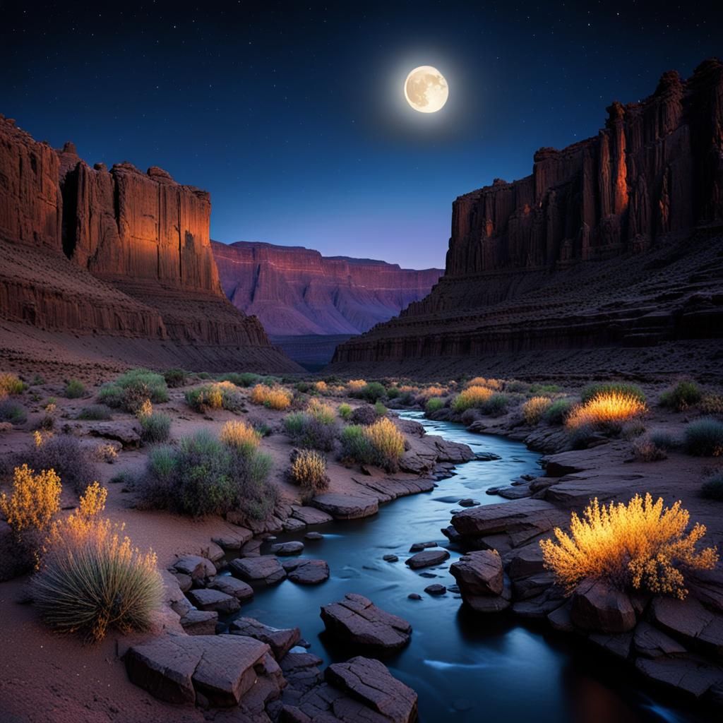Moonlit Canyon River at Night