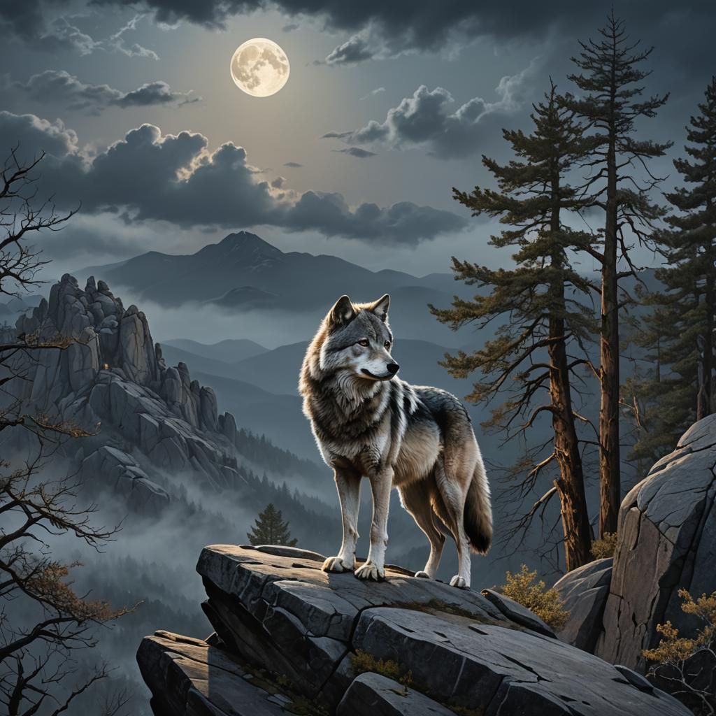 Silver Wolf Howling at Moon, Matte Painting