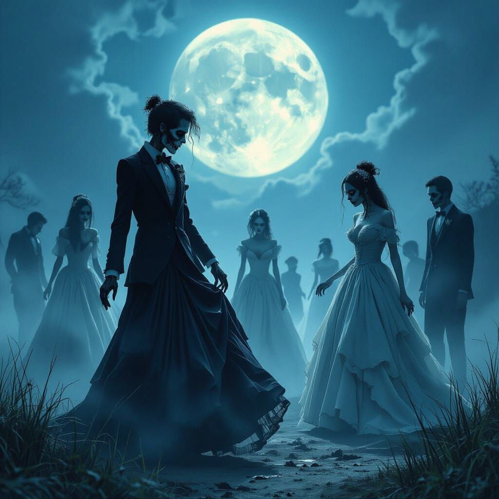 Zombie Prom Night: Ethereal Undead Dance Under Surreal Moon