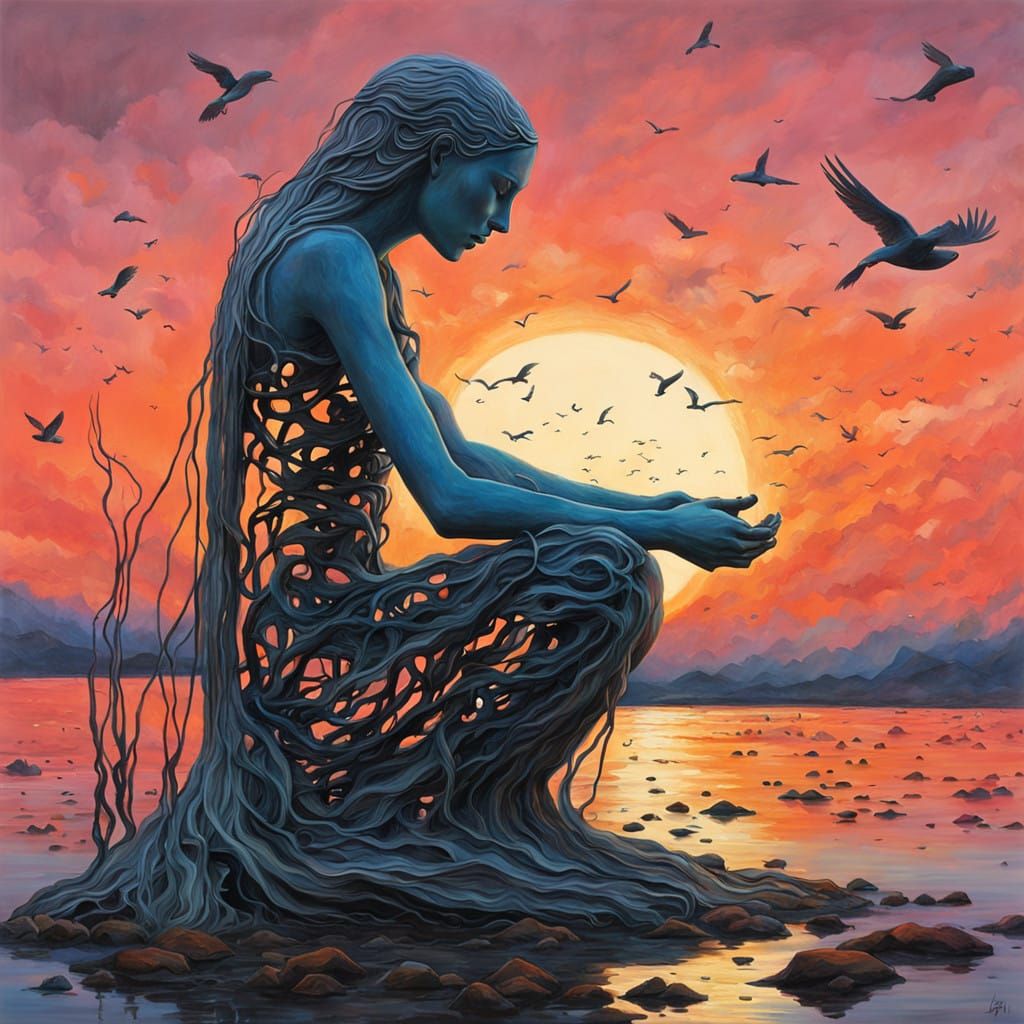 Dreamlike Surrealist Sculpture in Vibrant Sunset Colors