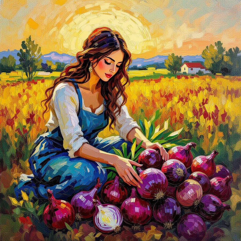 Garden Goddess Overseeing Red Onion Harvest in Neo-Impressio...