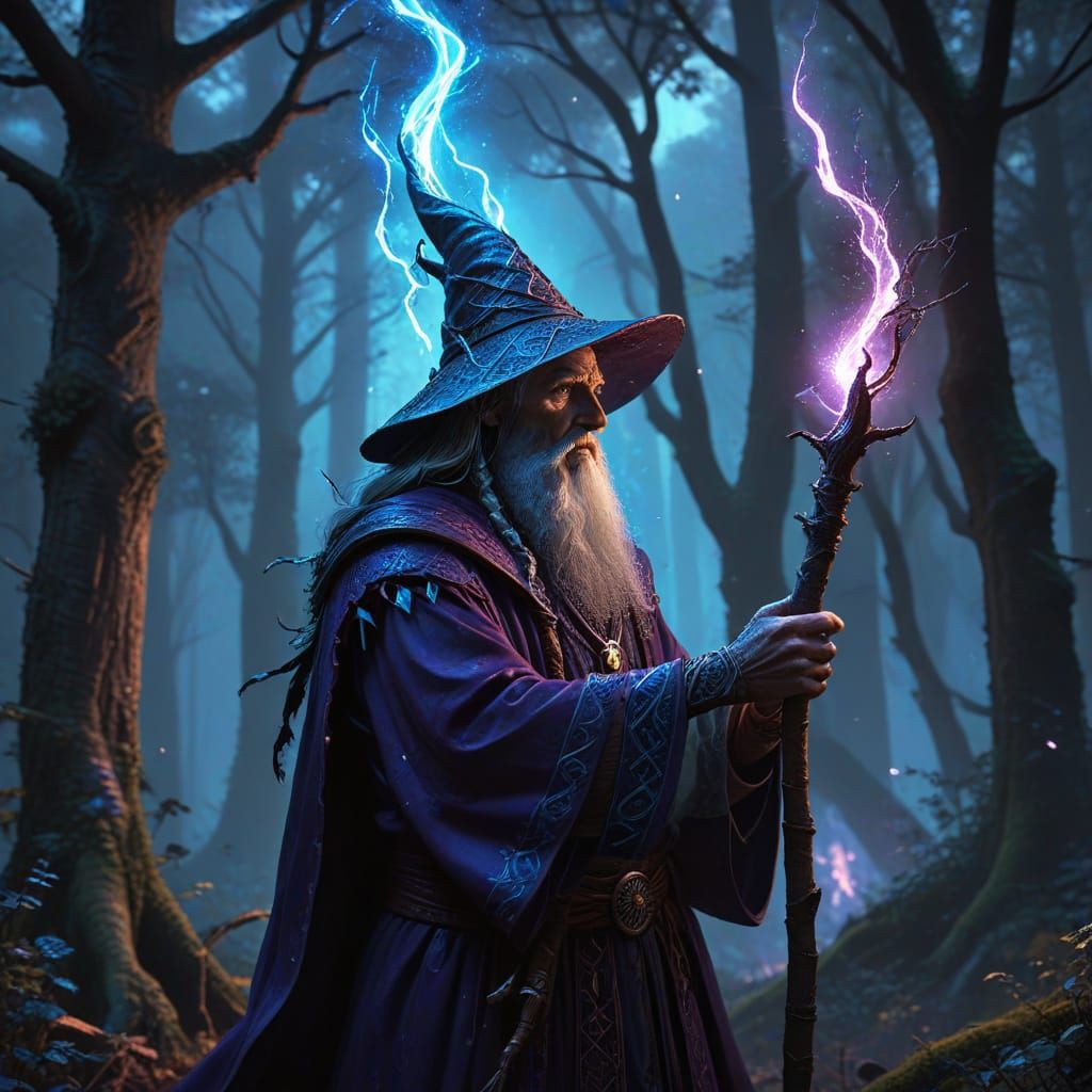 Wizard Conjures Light in Dark Forest Fantasy Art