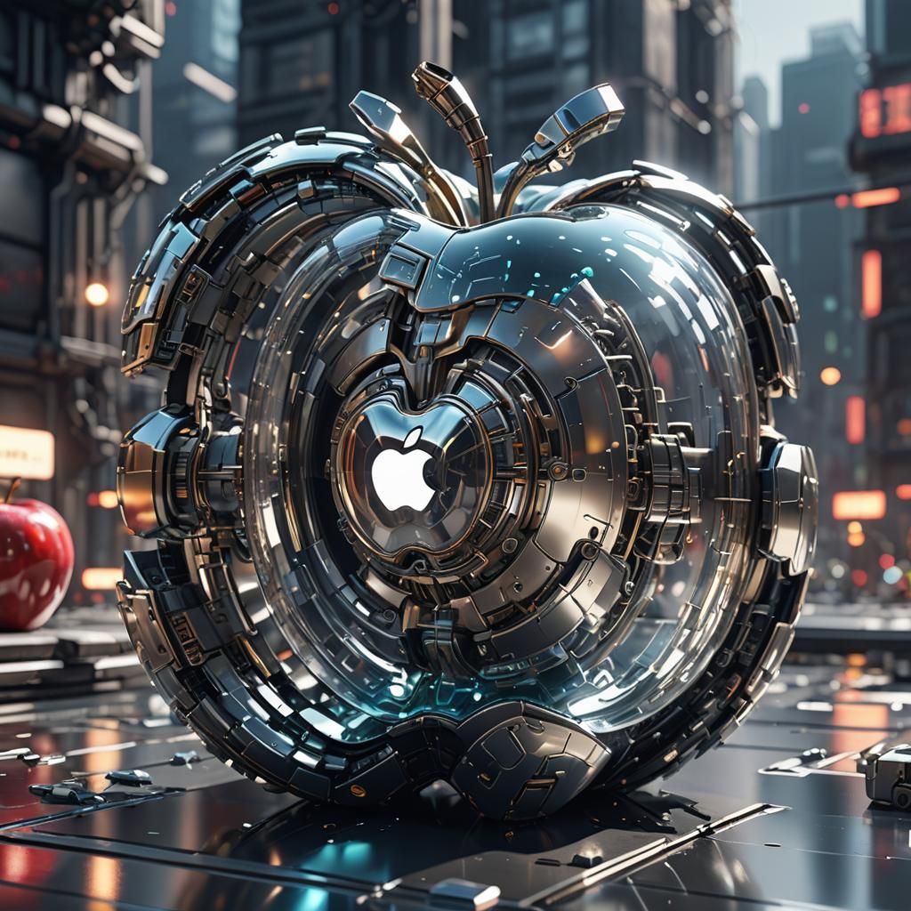 Cybernetic Glass Apple with Intricate Mech Details