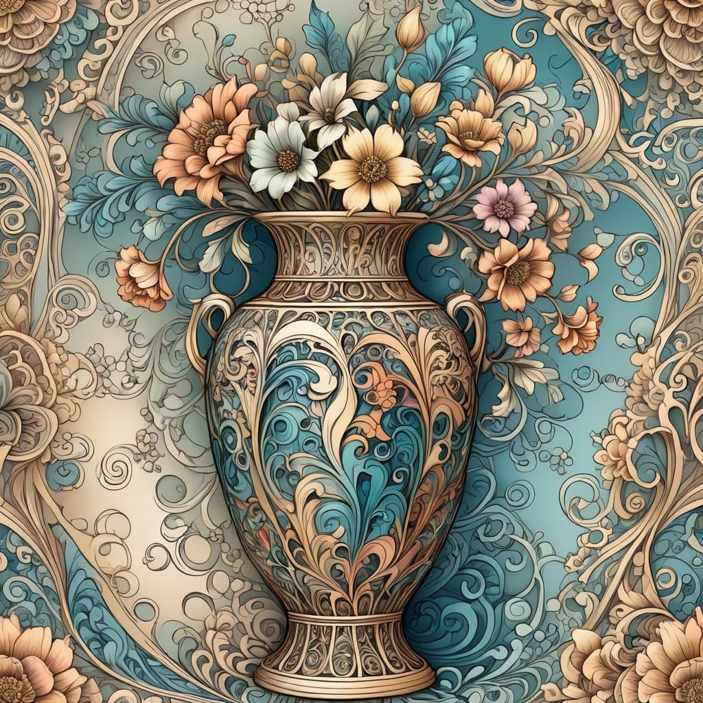 Abstract Fractal Vase with Flowers in Zentangle Style