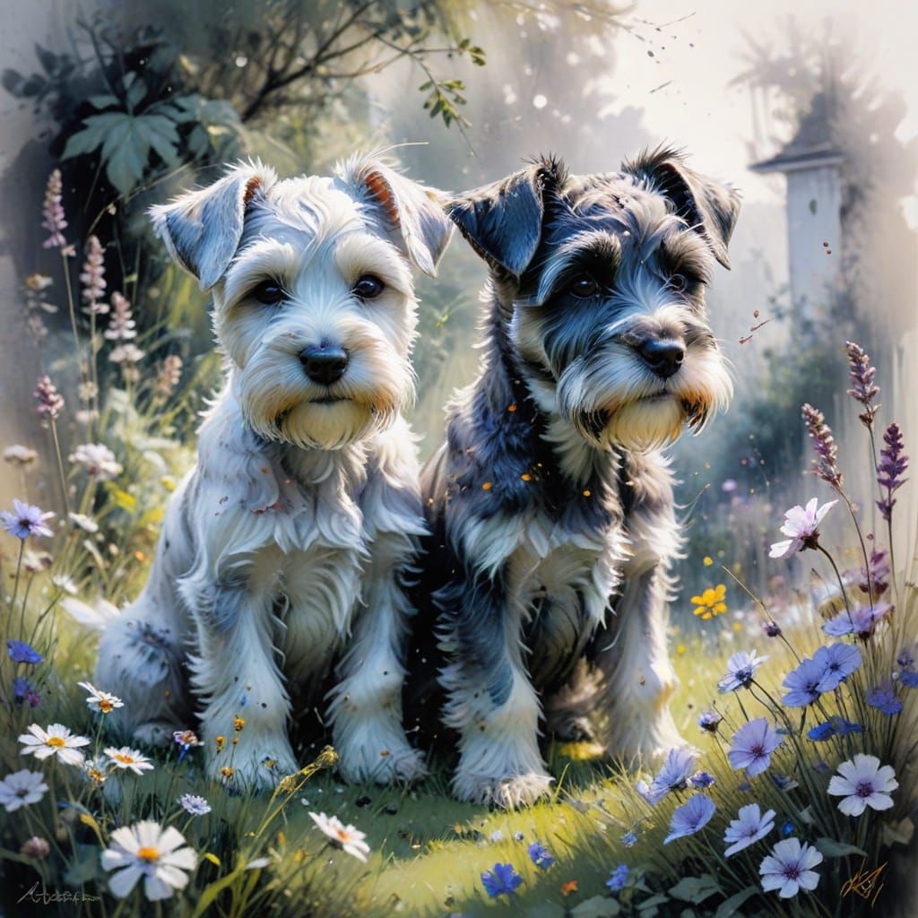 Adorable Schnauzer Cubs Playing in a Garden