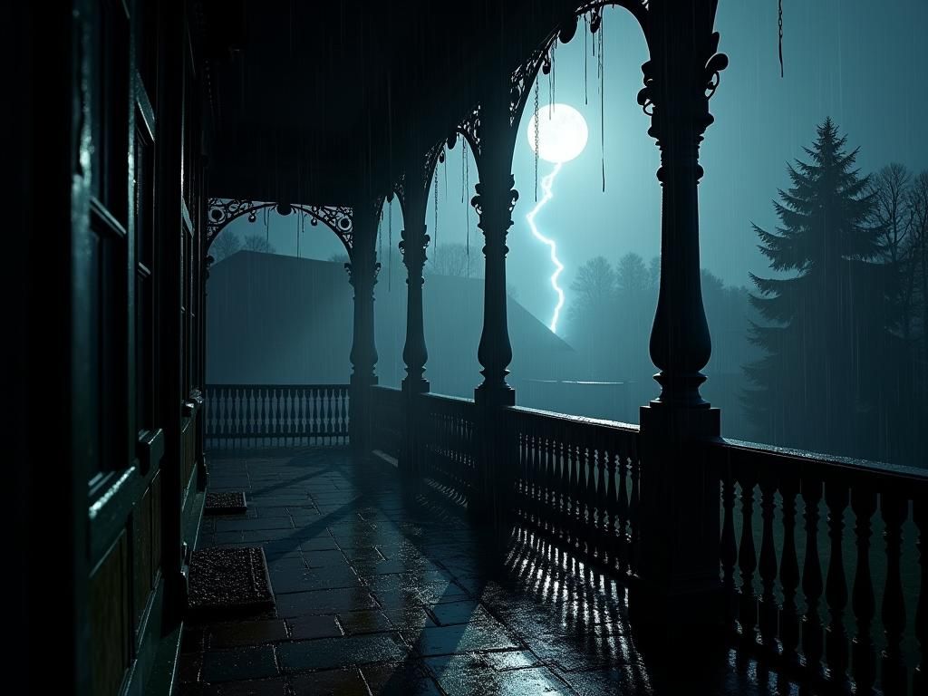 Eerie Victorian Mansion Porch Lit by Lightning