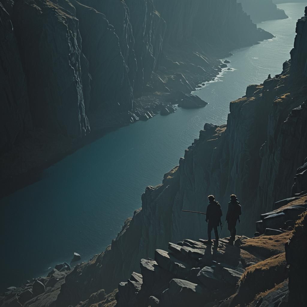 Figure Clinging to Stick on Cliff Edge