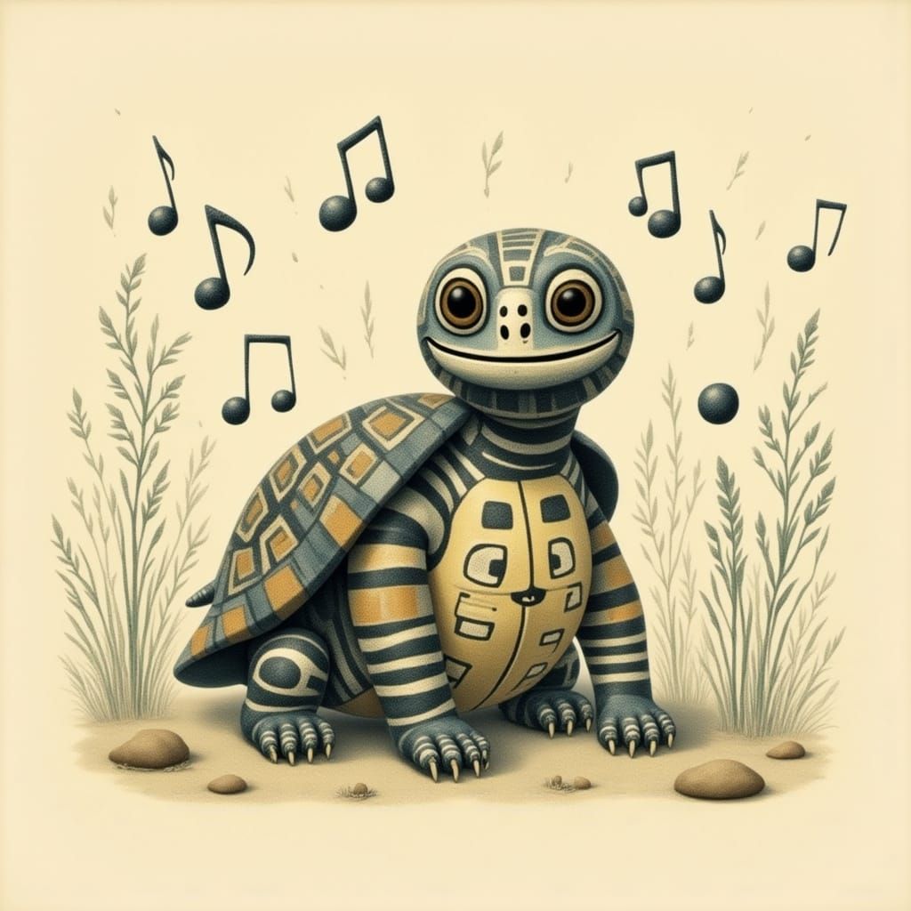 Singing Turtle with Music Notes in Naive Art Style