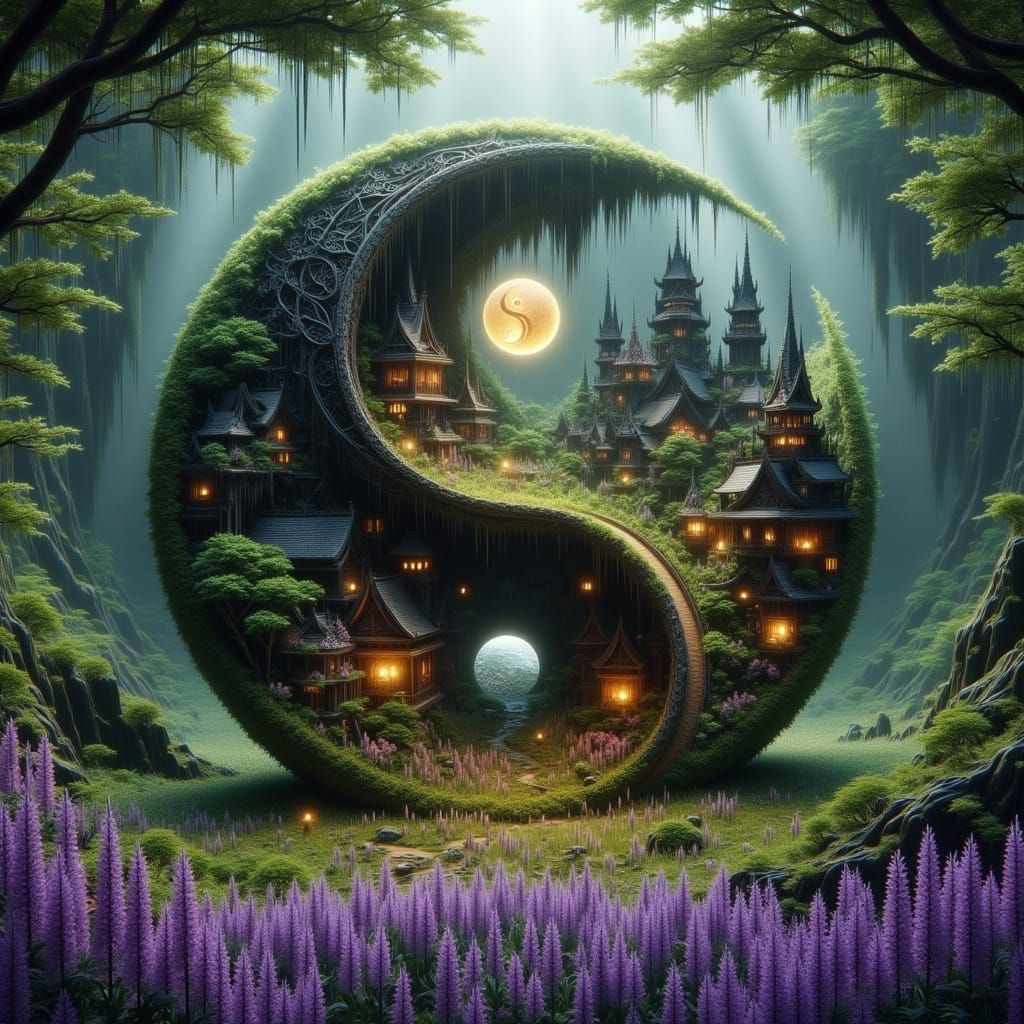 Surreal Landscape of Harmony and Contrast in a Dark Fantasy....