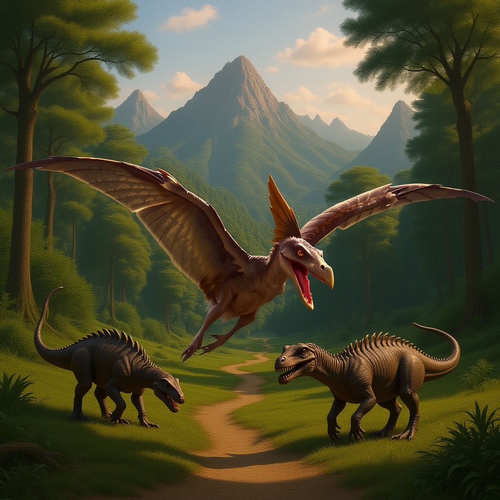 A Pterodactyl soars through the skies above a prehistoric coastline, its leathery wings catching the warm light of the m...