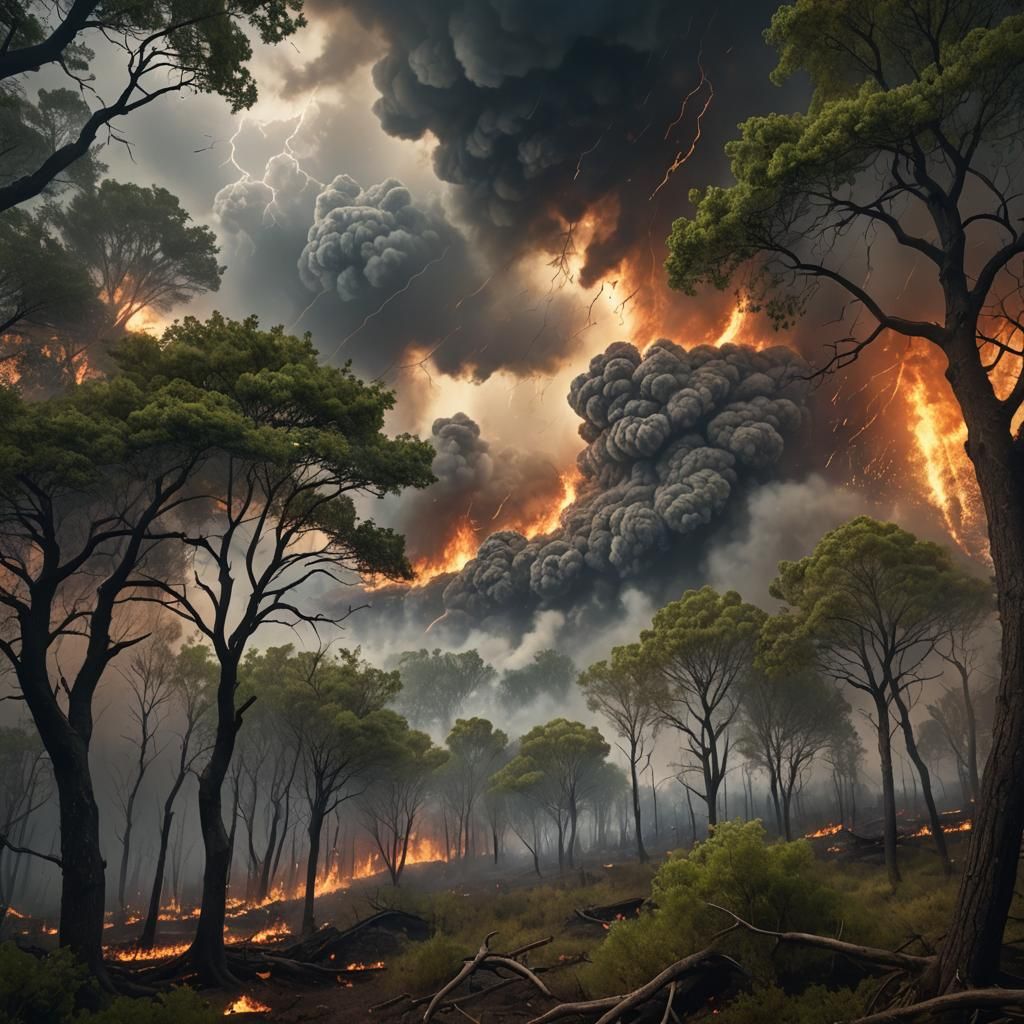 Cinematic Forest Fire with Swirling Leaves