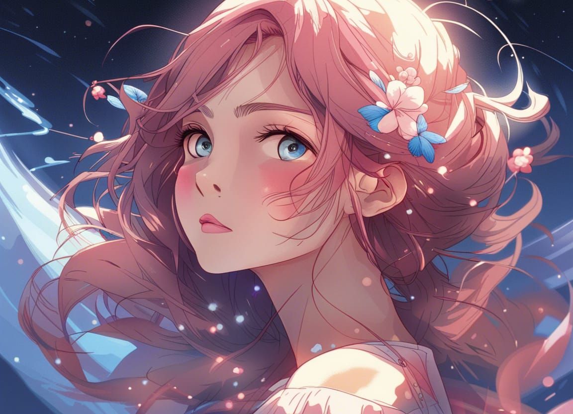 Anime Portrait of Woman with Flowers and Stars