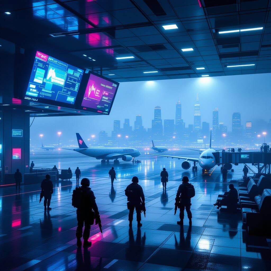 Cyberpunk ORD Airport Terminal at Night: Decay Meets Technol...