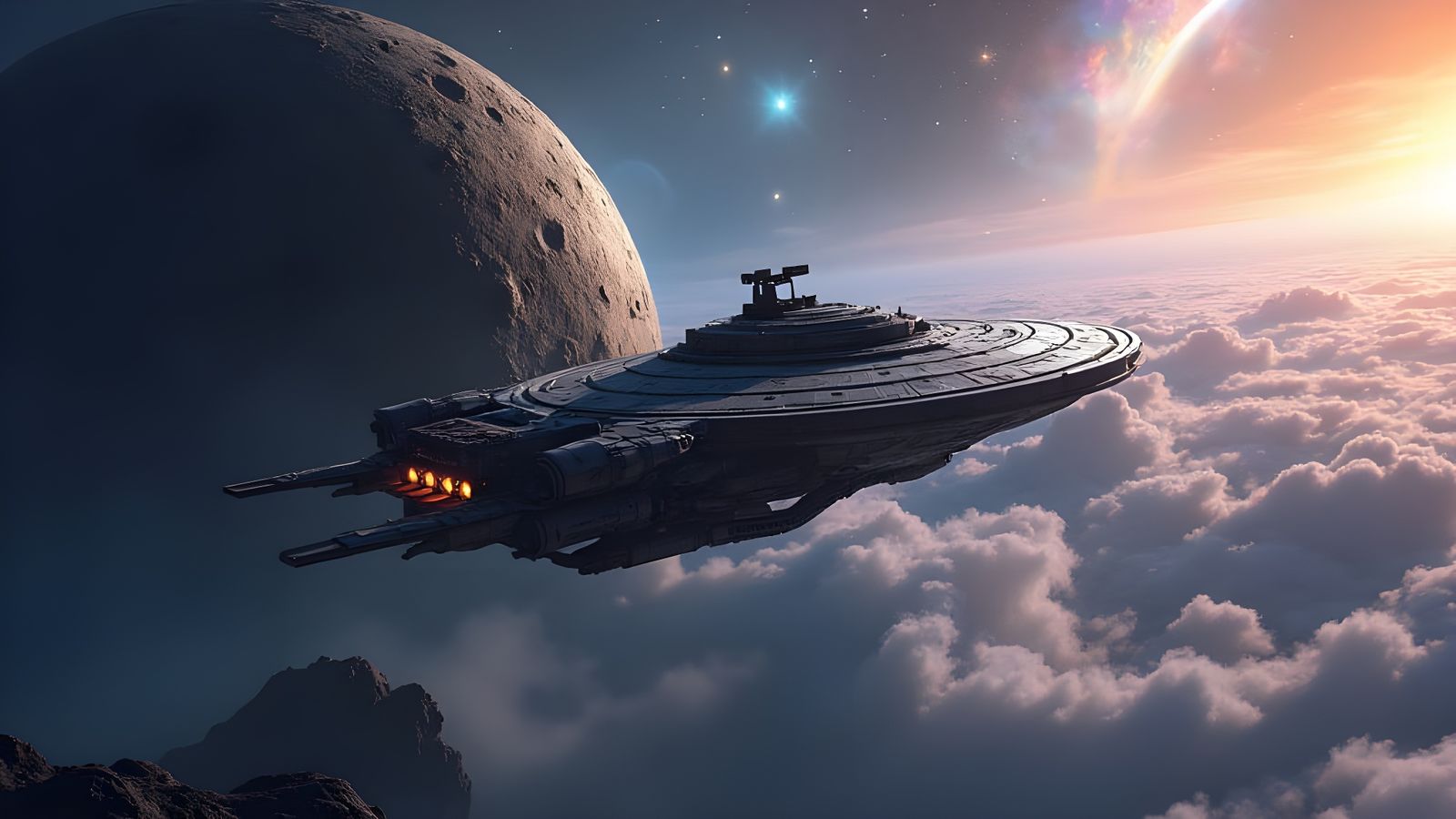 Future Spaceship Mining Asteroid with Nebula