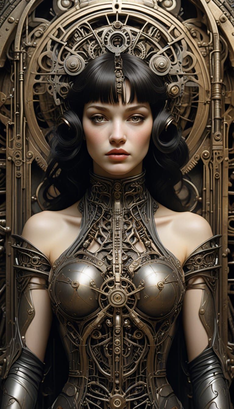 Betty Page as a Dark Art Nouveau Demon in Industrial Biometa...