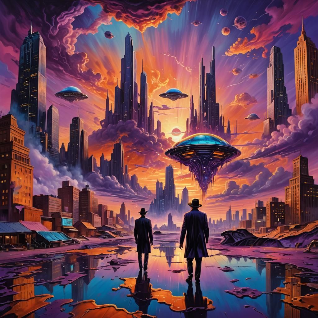 Psychedelic Rock Album Art: Futuristic Cityscape at Sunset