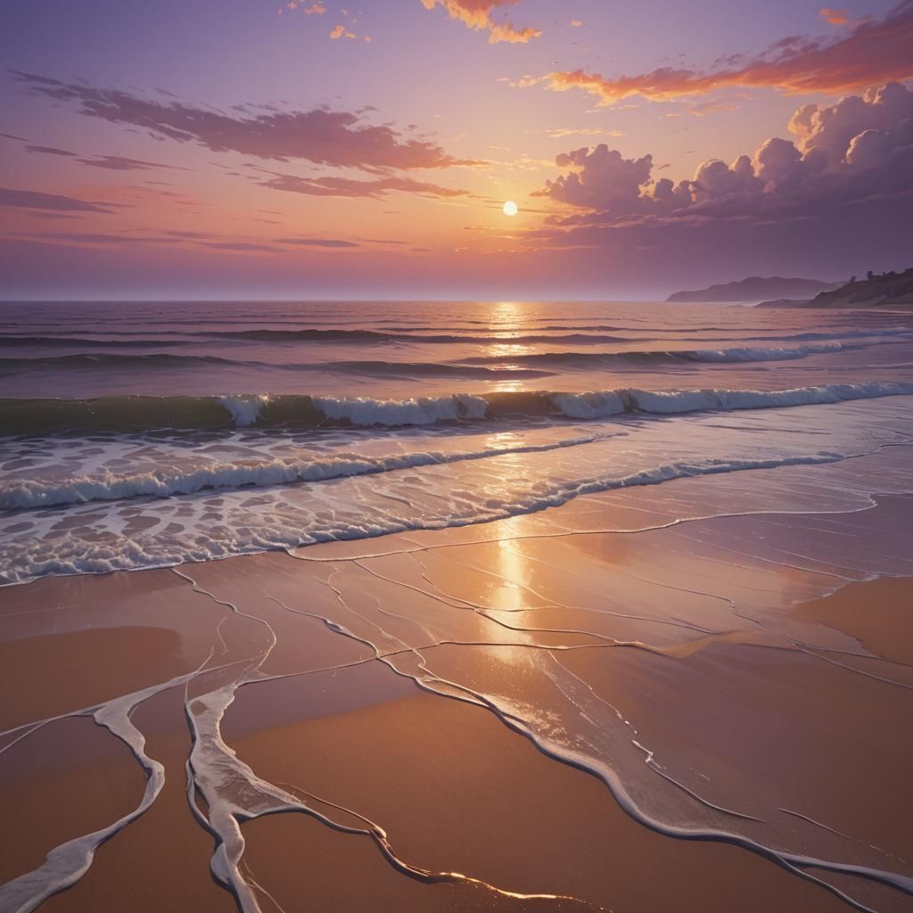 Dreamy Surrealist Beach Sunset in Oil Painting Style