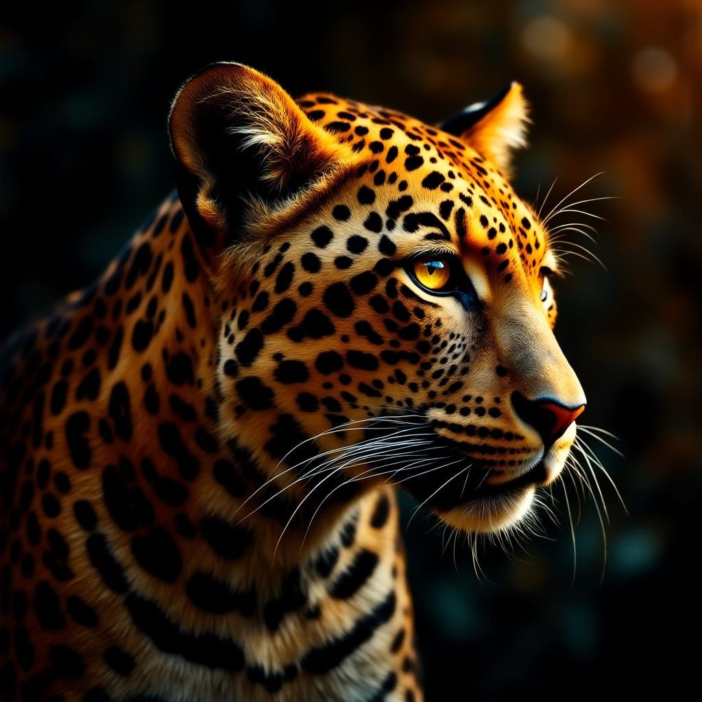Hyper-Realistic Leopard Portrait with Intense Golden Eyes