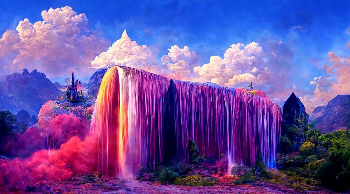 Magical Fantasy Landscape with Waterfall Illustration