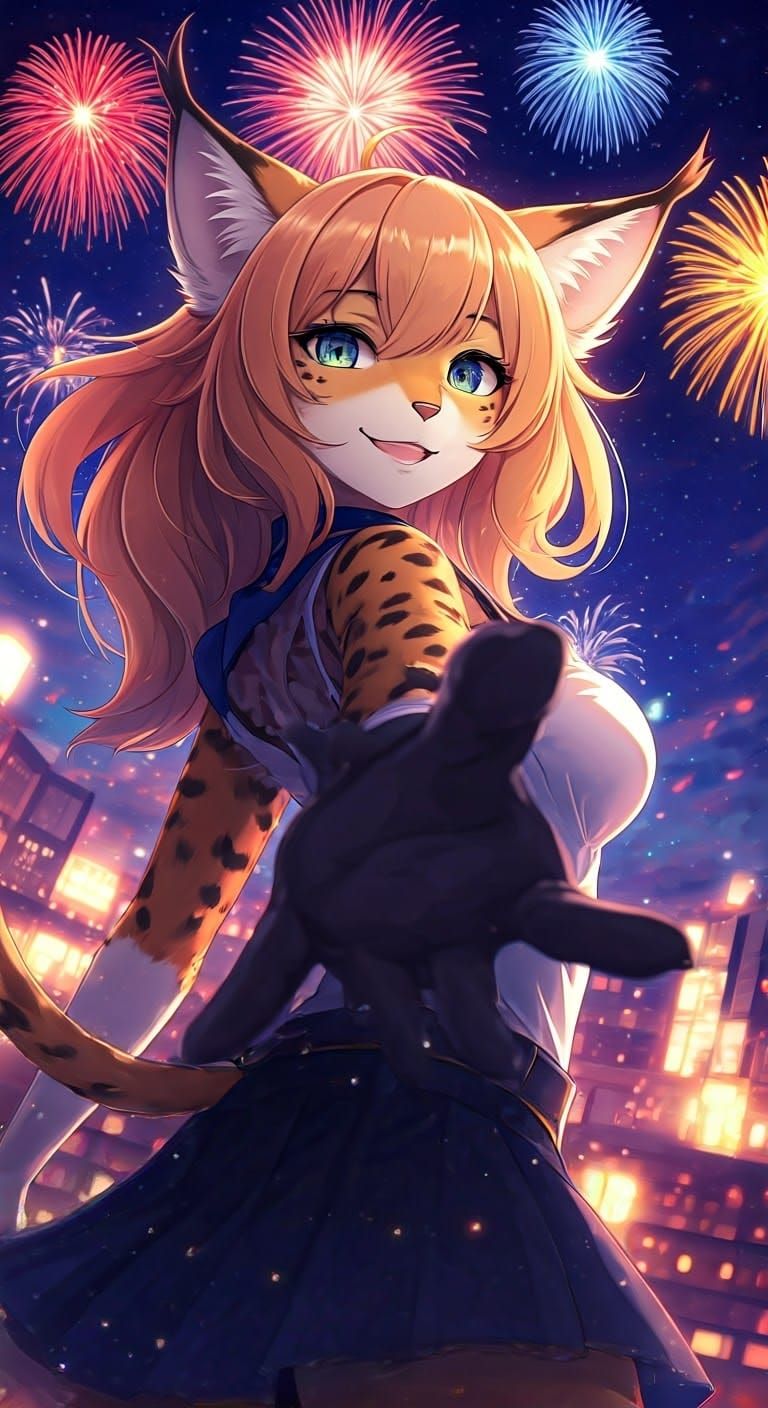 Anthropomorphic Lynx Reaching Out in Anime Style