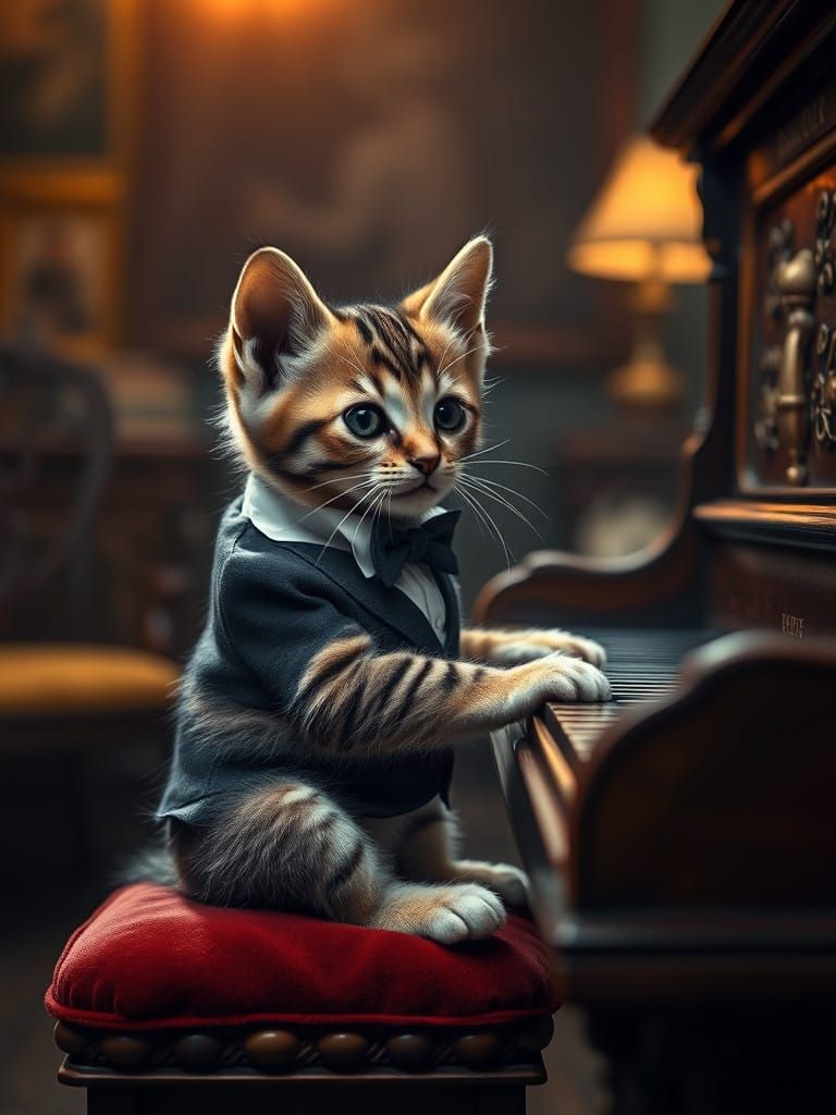Cinematic Tabby Kitten Plays Piano in Golden Light