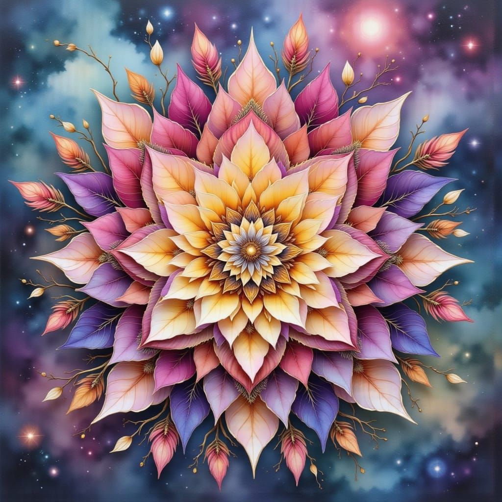 Ethereal Mandala in Nebula: Watercolor & Bohemian Style
