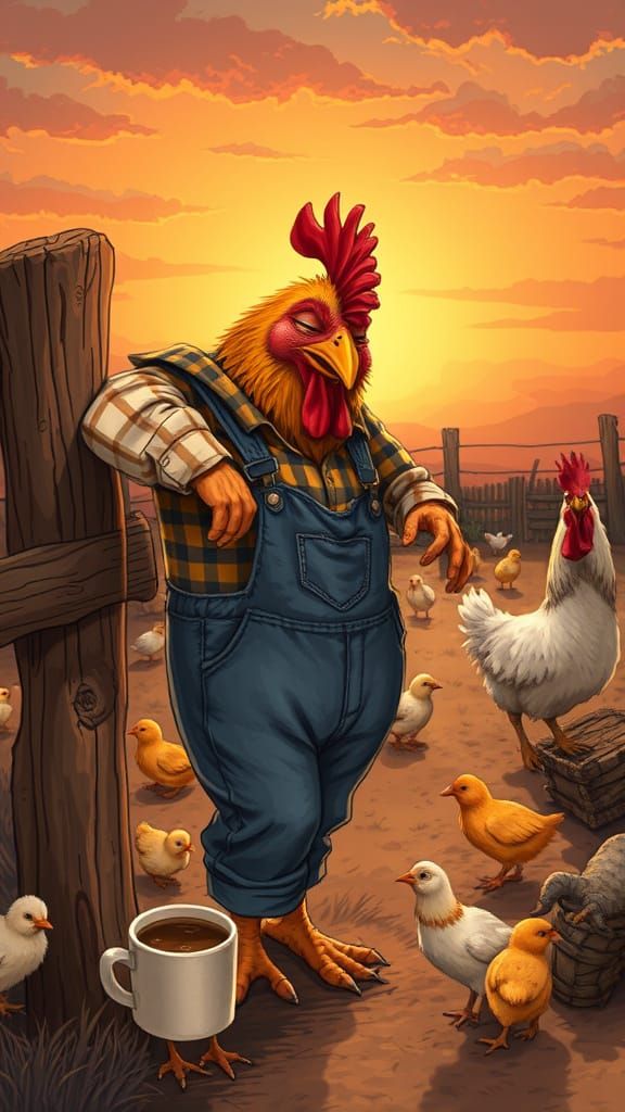 Exhausted Chicken Relaxing at Sunset in Rustic Barnyard Scen...