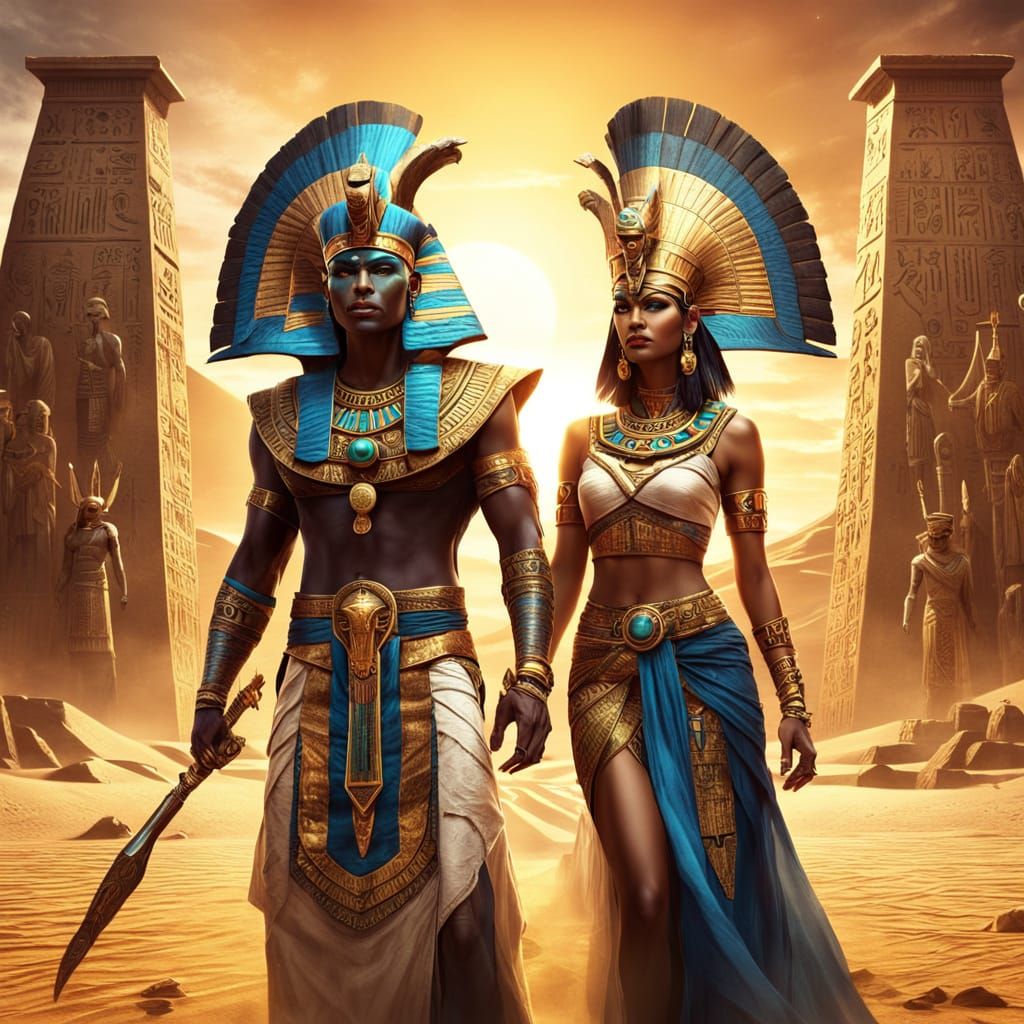 Immortal Egyptian Couple in Ancient Desert Sunset