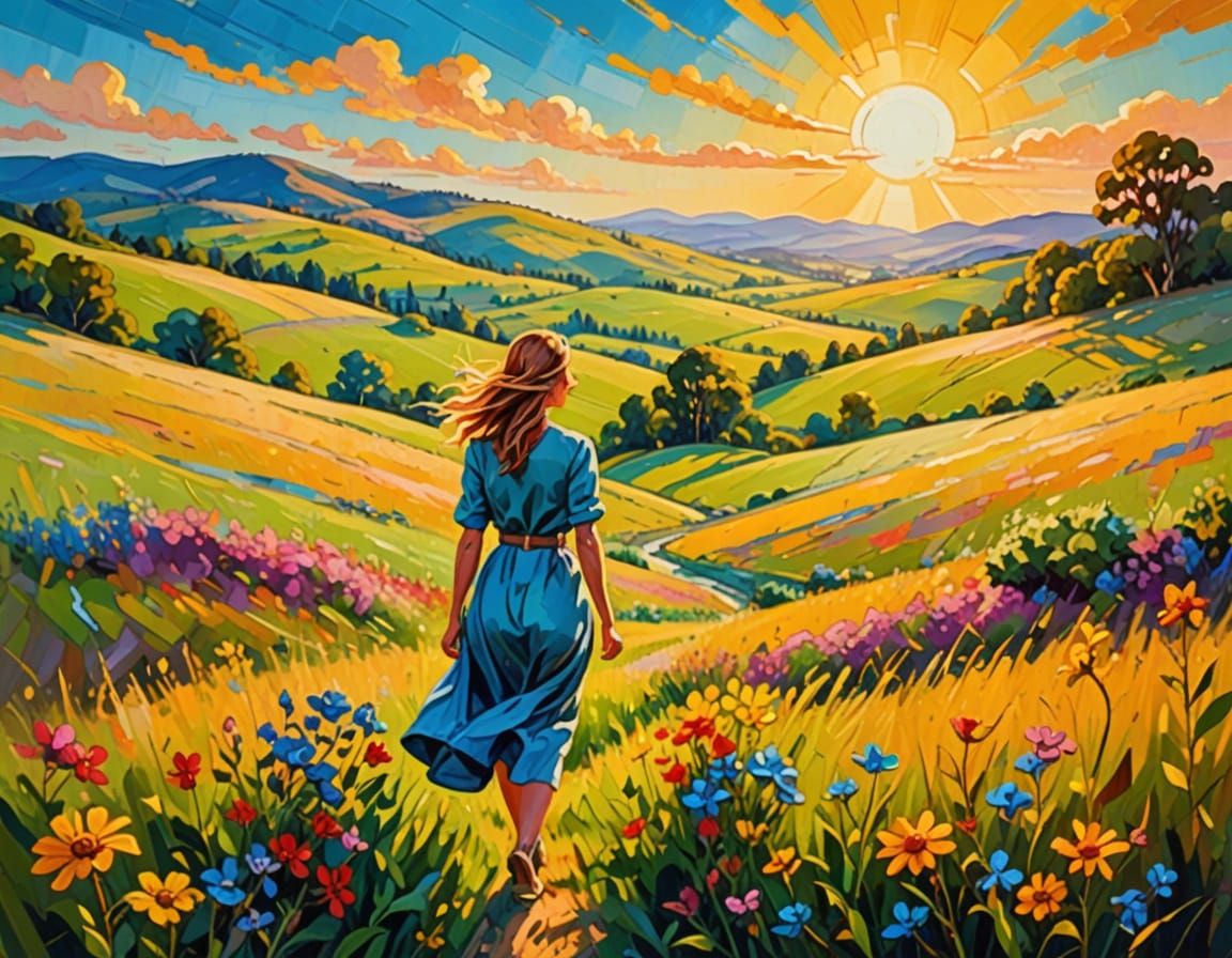 Woman in Meadow: Fauvist Expressionist Oil Painting