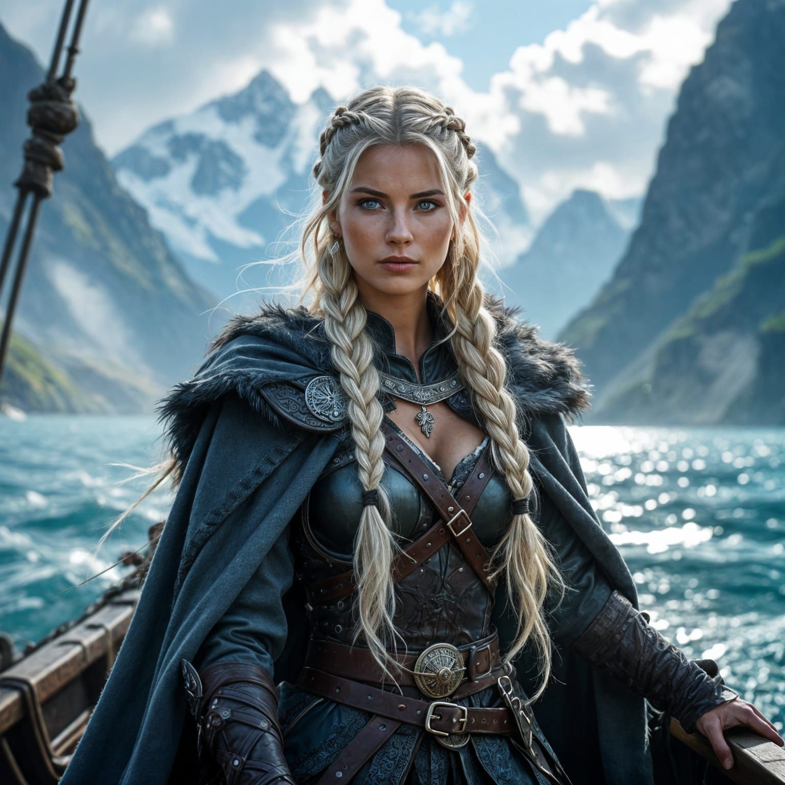 Viking Woman on Longship in Misty Fjord