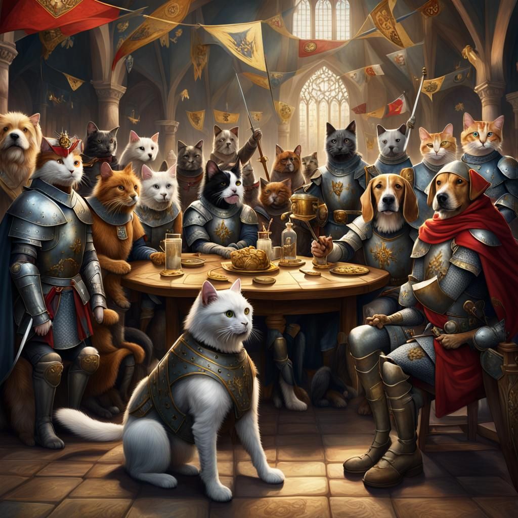 Whimsical Cat and Dog Knights Gathering in Medieval Hall