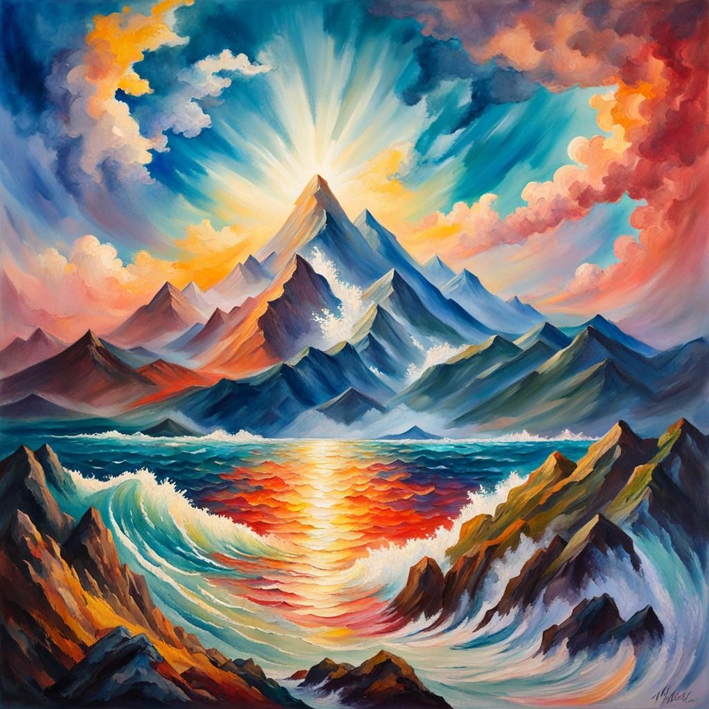 God Creates Seas and Mountains in Gouache Style