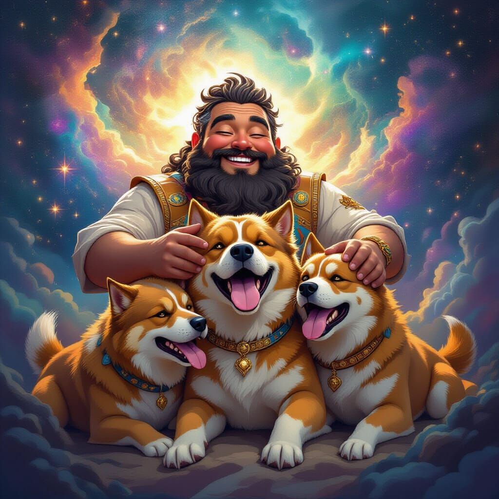 Joyful Man Tames Tan Cerberus in Cosmic Astral Illustration