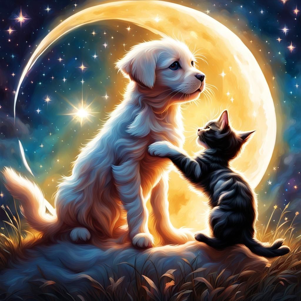 Kitten and Puppy Play Under Jeweled Stars