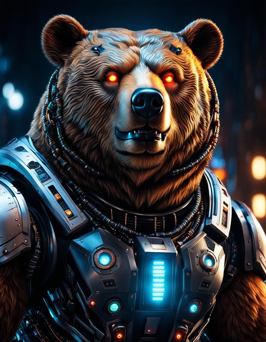 Hyperrealistic Cyborg Bear in Dark Sci-Fi Style