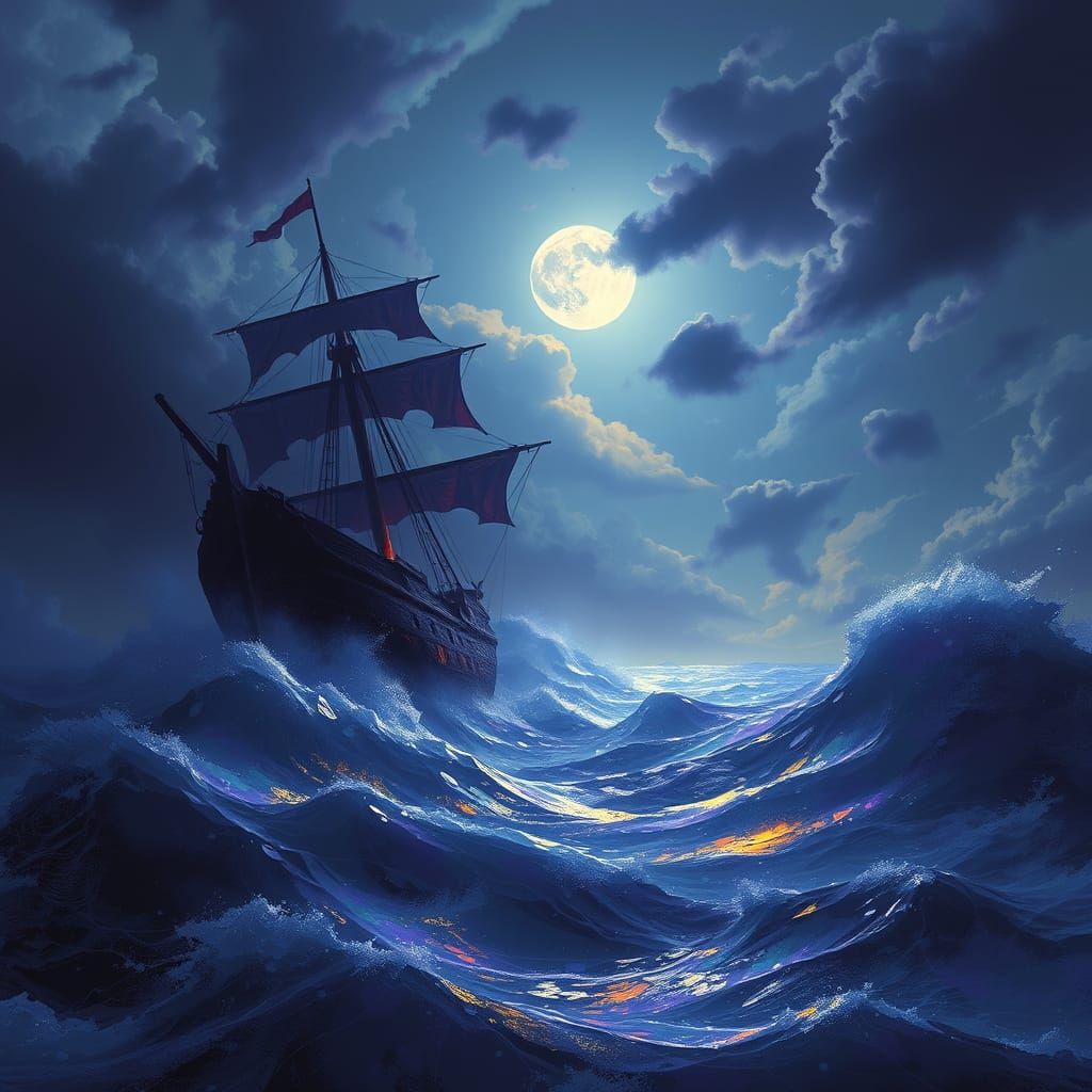 Moonlit Shipwreck at Sea in Dark Fantasy Style