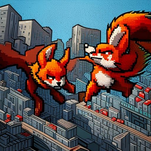 Pixel Fox and Bunny Fight in Graffiti Style
