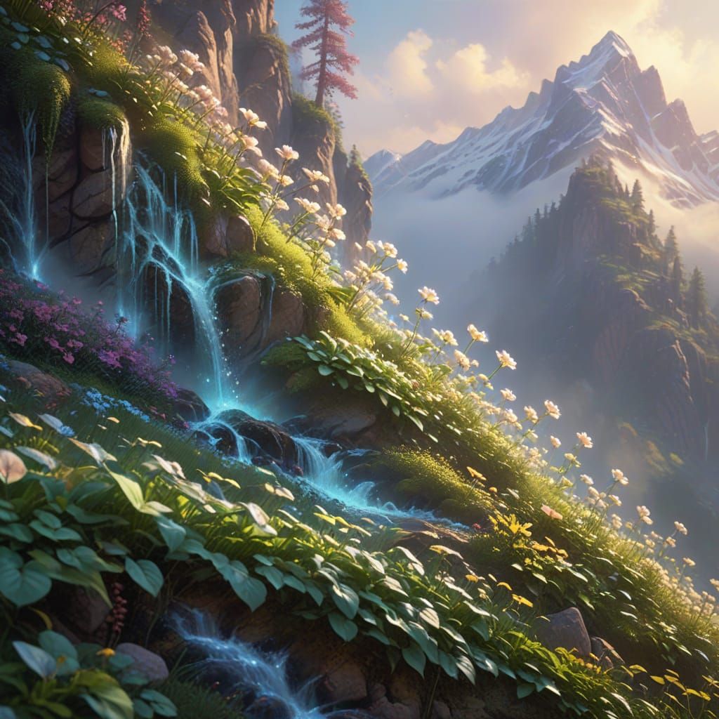 Ethereal Mountain Landscape in Vibrant Spring Colors