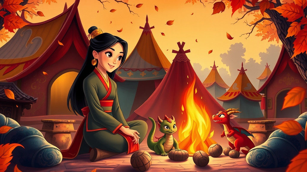 Mulan and Mushu at Bonfire, Disney Animation Style