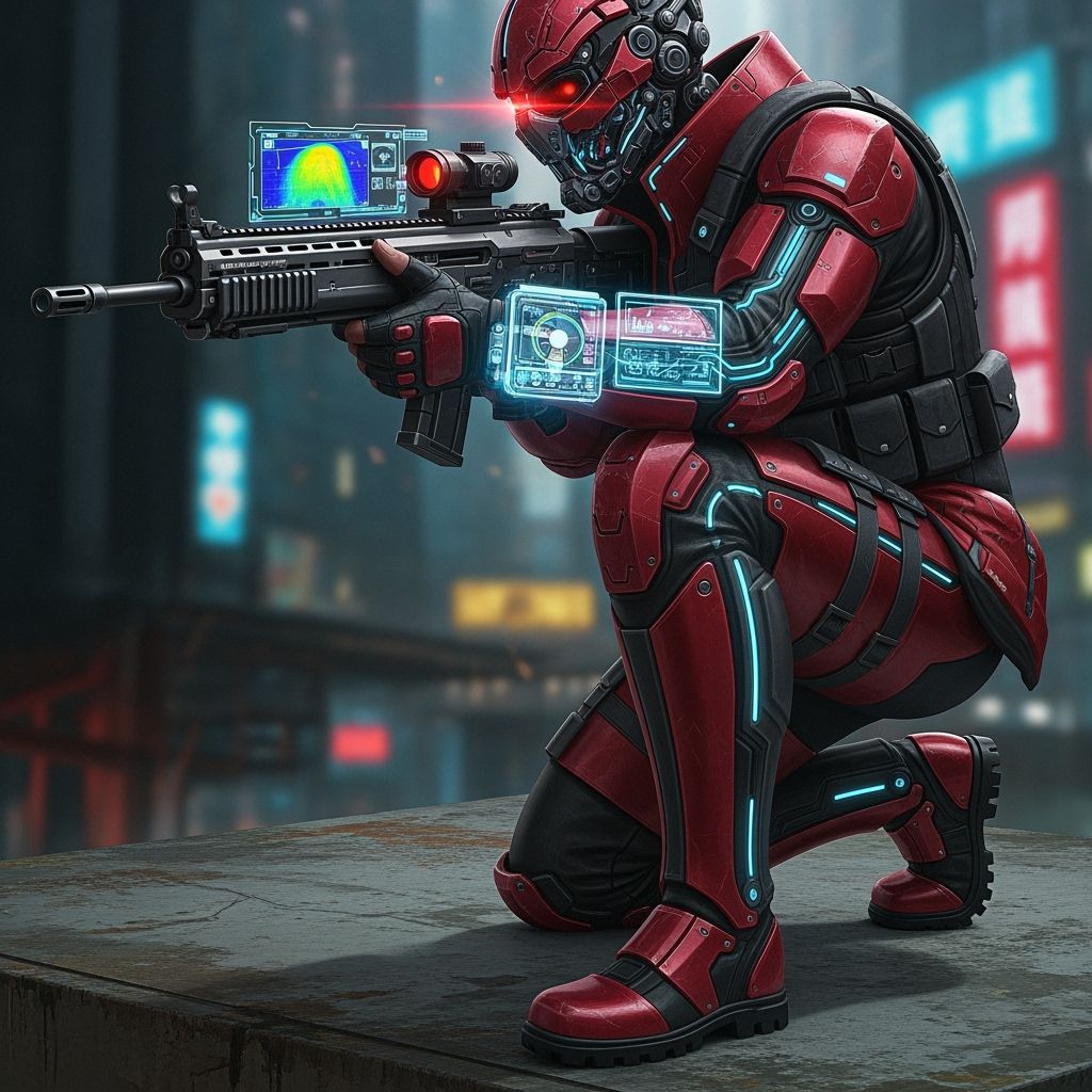 Cyberpunk Soldier in Tactical Crouch with Glowing Rifle