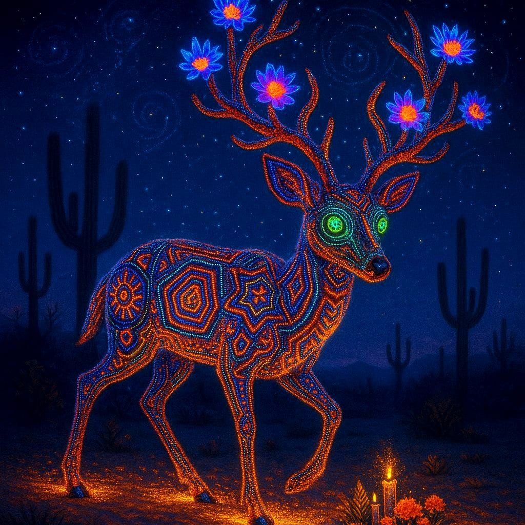 Mystical Deer Adorned with Wixárika Beadwork Patterns