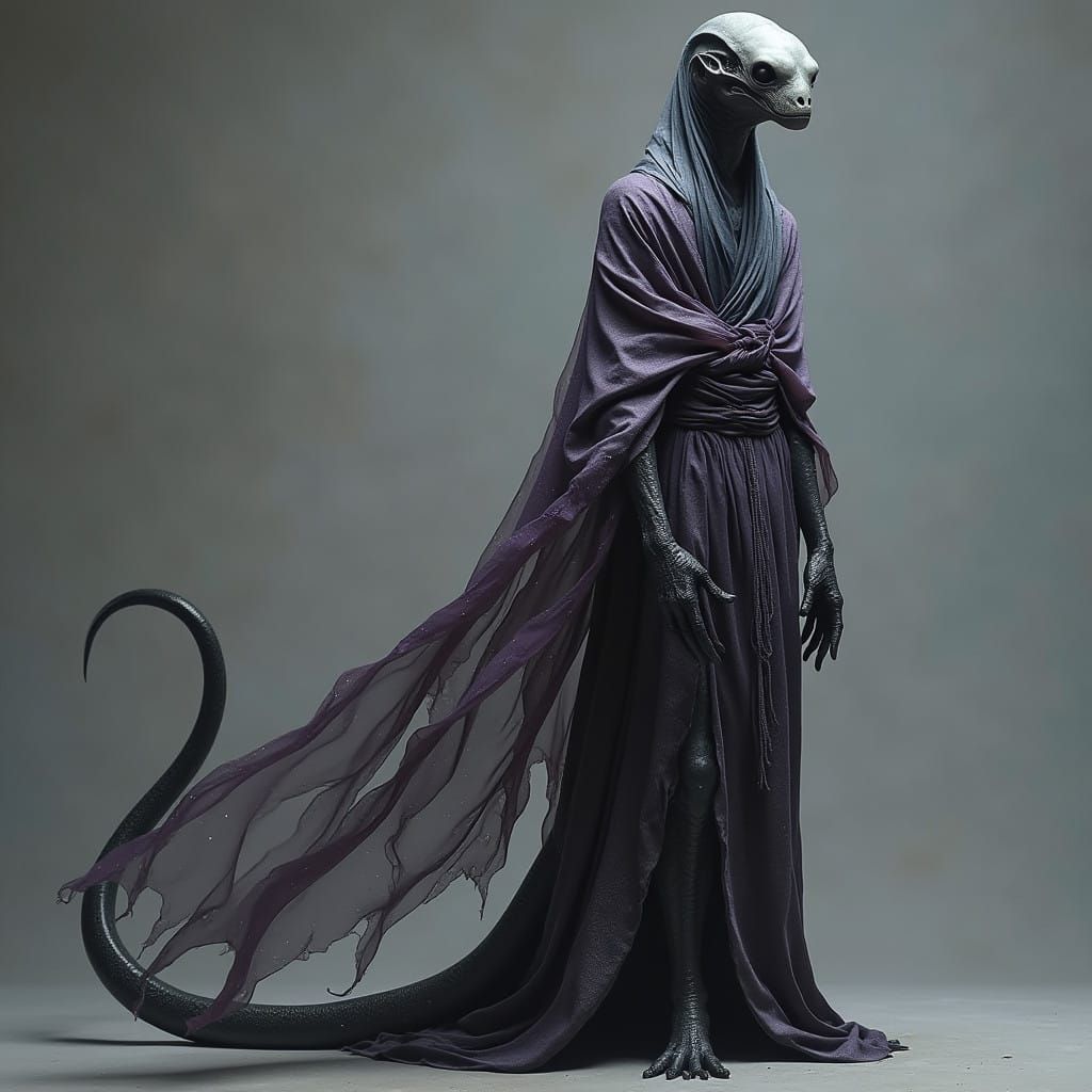 Ethereal Serpentine Alien in Deep Purple and Black Hues
