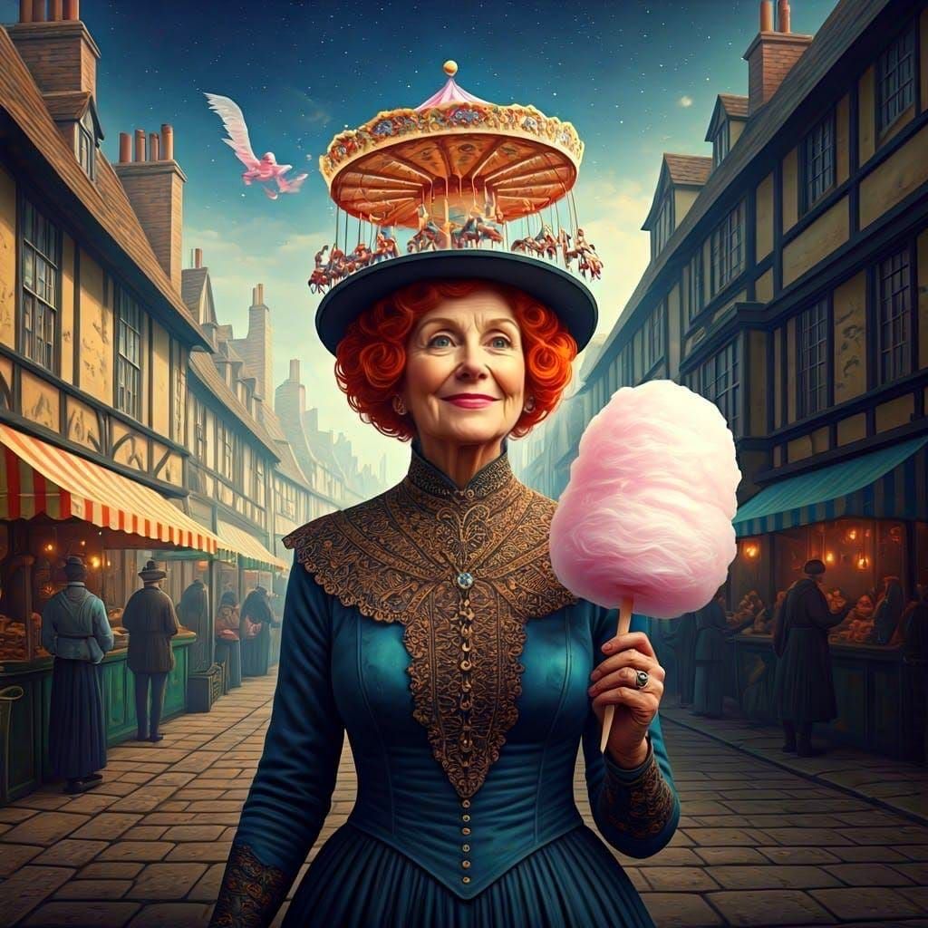 Colorful Woman with Carousel Hat in Market