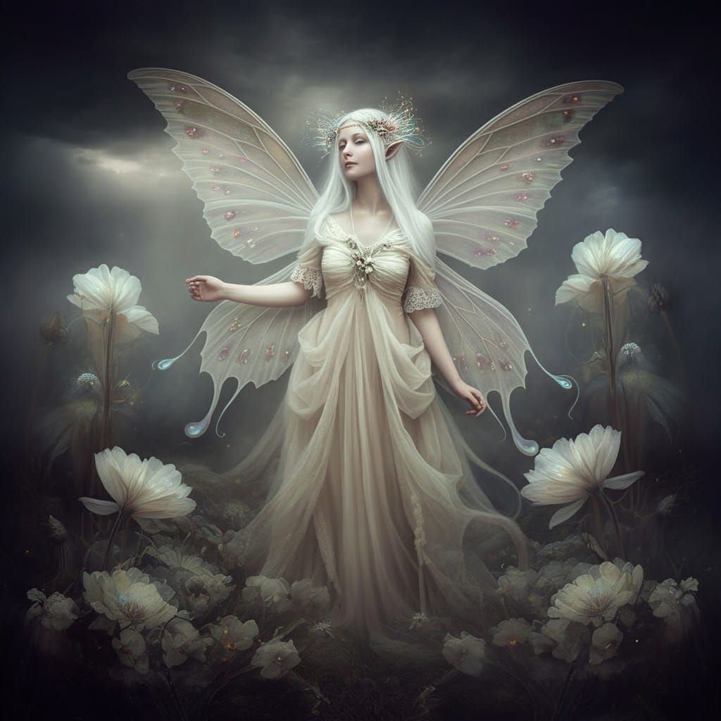 Ethereal Fairy in Ghostly Floral Dreamscape