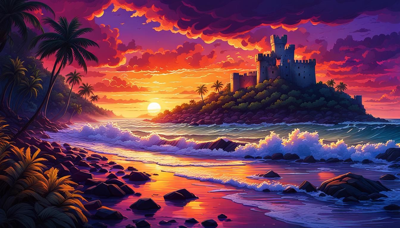 Sunset Over Castle Ruins on a Fantasy Beach