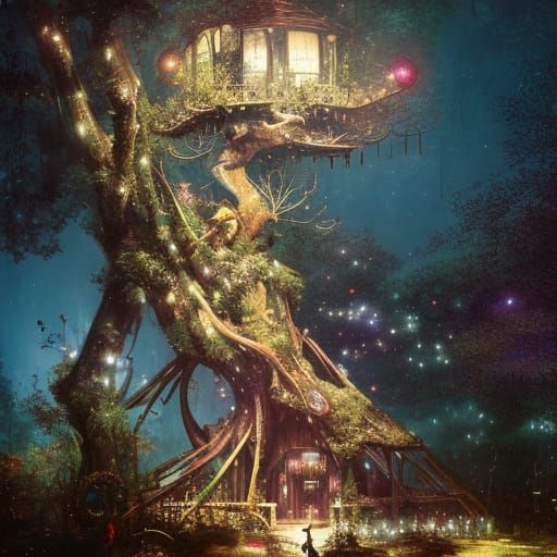 Magic Treehouse at Night: Hyperdetailed Digital Art