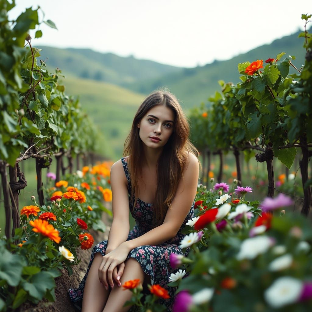 Italian Woman Among Vines in Oltrepo Pavese