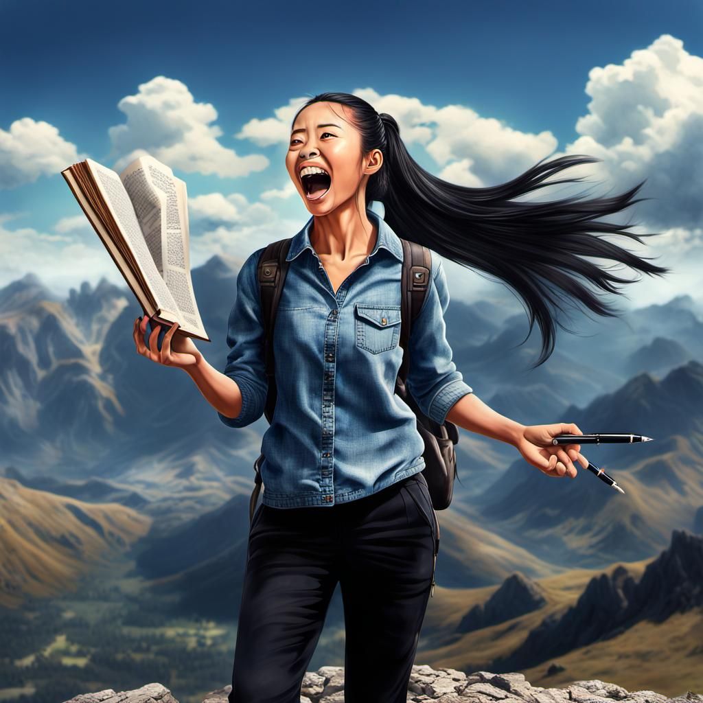 Anime Woman on Mountain, Detailed Digital Art